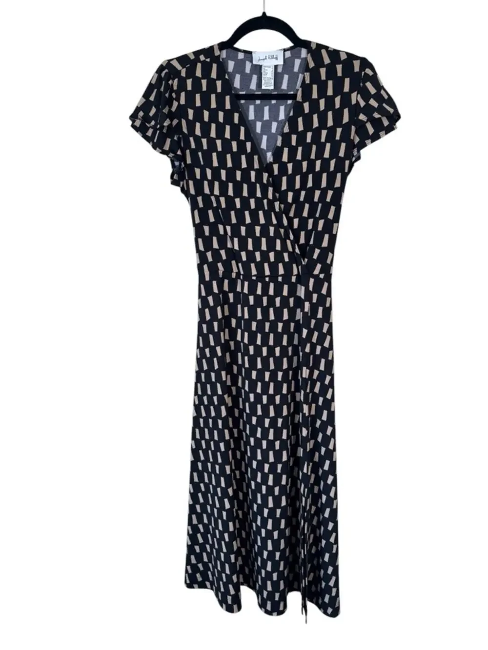 Joseph Ribkoff Black Tan Faux Wrap Dress Womens 12 Casual Classic Tie Waist